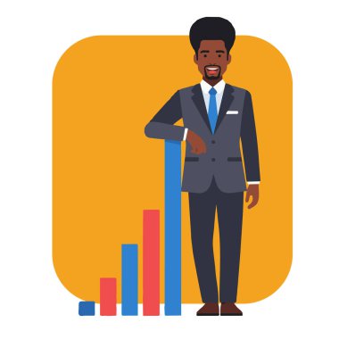 Afro İşadamı Büyüme Çizelgesi Düz Vektör İllüstrasyonuyla Duruyor