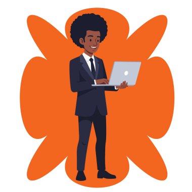 Laptop Düz Vektör Resmini Kullanan Afro Erkek İşadamı