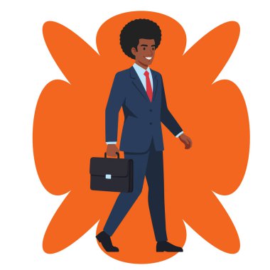 Afro Erkek İşadamı Evrak Çantası Düz Vektör İllüstrasyonuyla Yürüyor