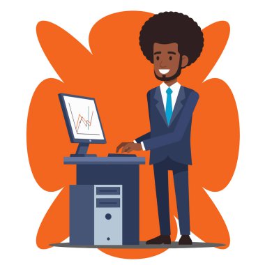 Veri Tablosu Düz Vektör İllüstrasyonuyla Bilgisayar Üzerinde Çalışan Afro İşadamı