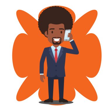 Afro İş Adamı Cep Telefonu Düz Vektör İllüstrasyonunda Konuşuyor