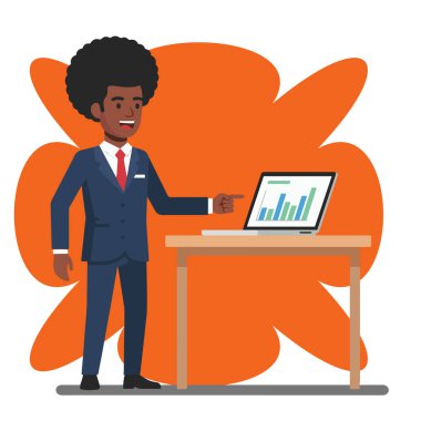Afro İş Adamı Laptop Düz Vektör Resimlerinde Verileri Sunar