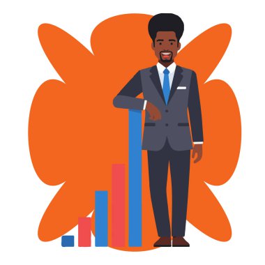 Afro İşadamı Büyüme Çizelgesi Düz Vektör İllüstrasyonuyla Duruyor