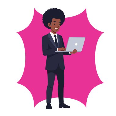 Laptop Düz Vektör Resmini Kullanan Afro Erkek İşadamı