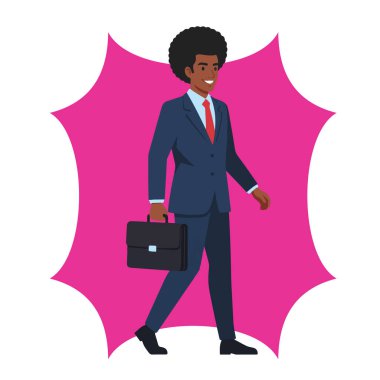 Afro Erkek İşadamı Evrak Çantası Düz Vektör İllüstrasyonuyla Yürüyor