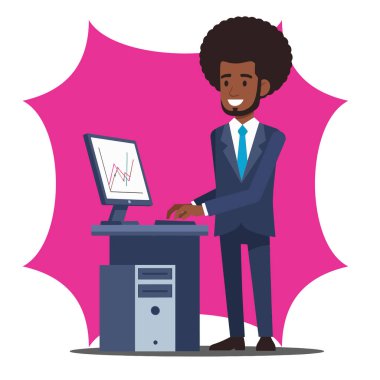 Veri Tablosu Düz Vektör İllüstrasyonuyla Bilgisayar Üzerinde Çalışan Afro İşadamı