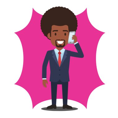 Afro İş Adamı Cep Telefonu Düz Vektör İllüstrasyonunda Konuşuyor