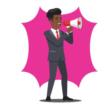 İşadamı Megafon Düz Vektör İllüstrasyonuyla Konuşuyor