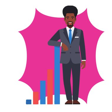 Afro İşadamı Büyüme Çizelgesi Düz Vektör İllüstrasyonuyla Duruyor