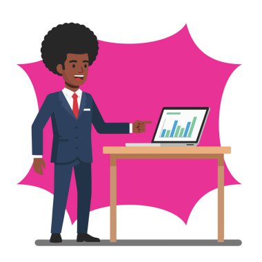Afro İş Adamı Laptop Düz Vektör Resimlerinde Verileri Sunar