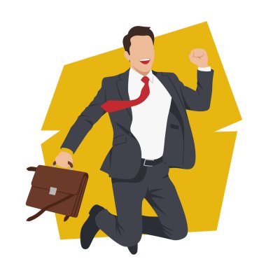 Kariyer Başarı İşadamı Evrak Çantası Vektör İllüstrasyonuyla Atlıyor. İş Zaferi Mutlu Girişimci Başarısını Kutluyor.