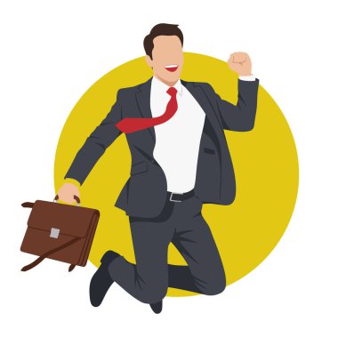 Kariyer Başarı İşadamı Evrak Çantası Vektör İllüstrasyonuyla Atlıyor. İş Zaferi Mutlu Girişimci Başarısını Kutluyor.