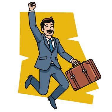 Kariyer Başarı İşadamı Evrak Çantası Vektör İllüstrasyonuyla Atlıyor. İş Zaferi Mutlu Girişimci Başarısını Kutluyor.