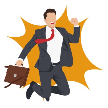 Kariyer Başarı İşadamı Evrak Çantası Vektör İllüstrasyonuyla Atlıyor. İş Zaferi Mutlu Girişimci Başarısını Kutluyor.