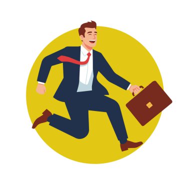 Kariyer Başarı İşadamı Evrak Çantası Vektör İllüstrasyonuyla Atlıyor. İş Zaferi Mutlu Girişimci Başarısını Kutluyor.
