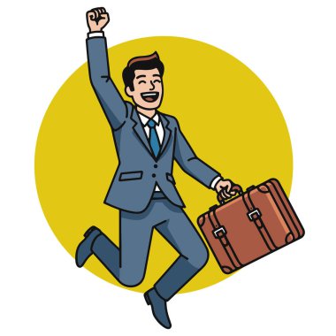 Kariyer Başarı İşadamı Evrak Çantası Vektör İllüstrasyonuyla Atlıyor. İş Zaferi Mutlu Girişimci Başarısını Kutluyor.