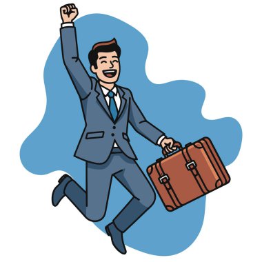 Kariyer Başarı İşadamı Evrak Çantası Vektör İllüstrasyonuyla Atlıyor. İş Zaferi Mutlu Girişimci Başarısını Kutluyor.