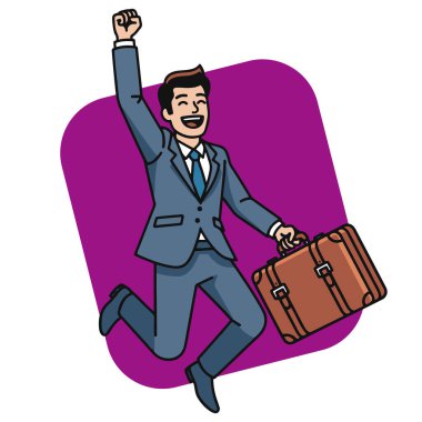 Kariyer Başarı İşadamı Evrak Çantası Vektör İllüstrasyonuyla Atlıyor. İş Zaferi Mutlu Girişimci Başarısını Kutluyor.