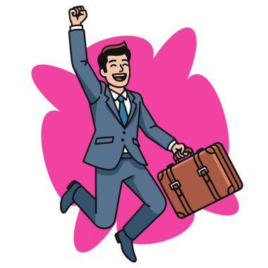 Kariyer Başarı İşadamı Evrak Çantası Vektör İllüstrasyonuyla Atlıyor. İş Zaferi Mutlu Girişimci Başarısını Kutluyor.
