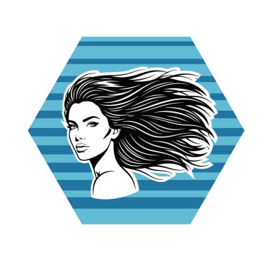 Uzun Akan Siyah Saçlı Zarif Kadın, Siyah beyaz vektör çizimi