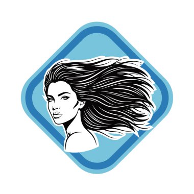 Uzun Akan Siyah Saçlı Zarif Kadın, Siyah beyaz vektör çizimi