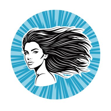 Uzun Akan Siyah Saçlı Zarif Kadın, Siyah beyaz vektör çizimi