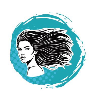 Uzun Akan Siyah Saçlı Zarif Kadın, Siyah beyaz vektör çizimi