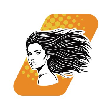 Uzun Akan Siyah Saçlı Zarif Kadın, Siyah beyaz vektör çizimi