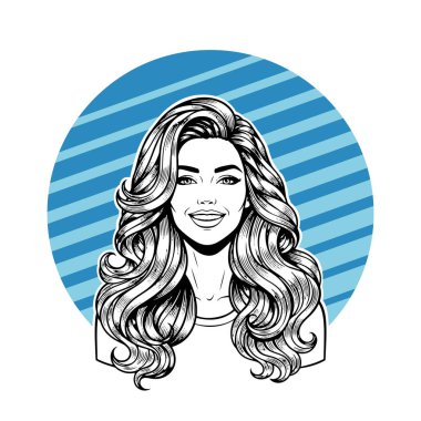 Ekstra Uzun Akan Sarı Saçlı Zarif Kadın, Siyah beyaz vektör çizimi