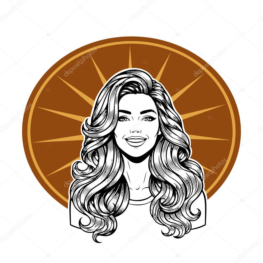 Elegant Woman with Extra Long Flowing Blonde Hair, black and white vector illustration
