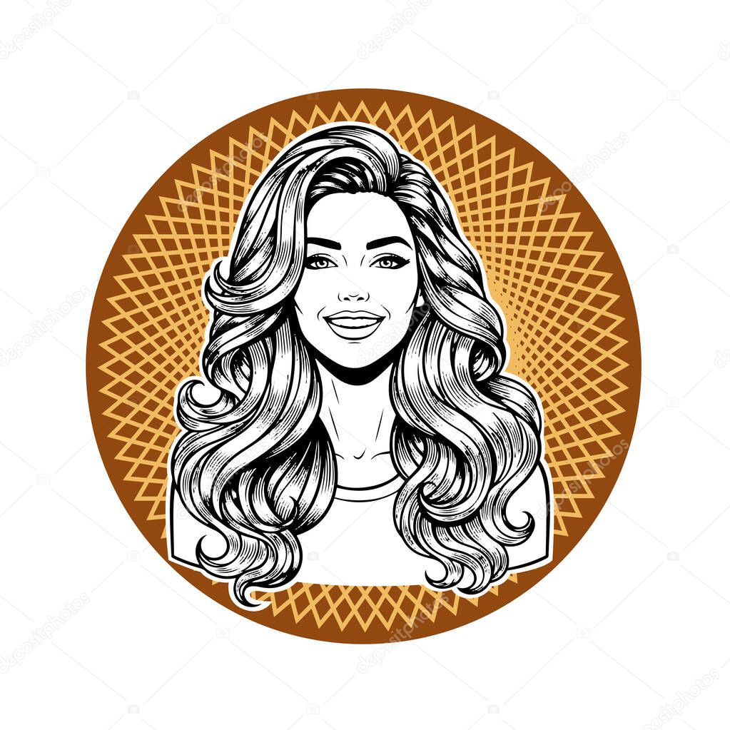 Elegant Woman with Extra Long Flowing Blonde Hair, black and white vector illustration