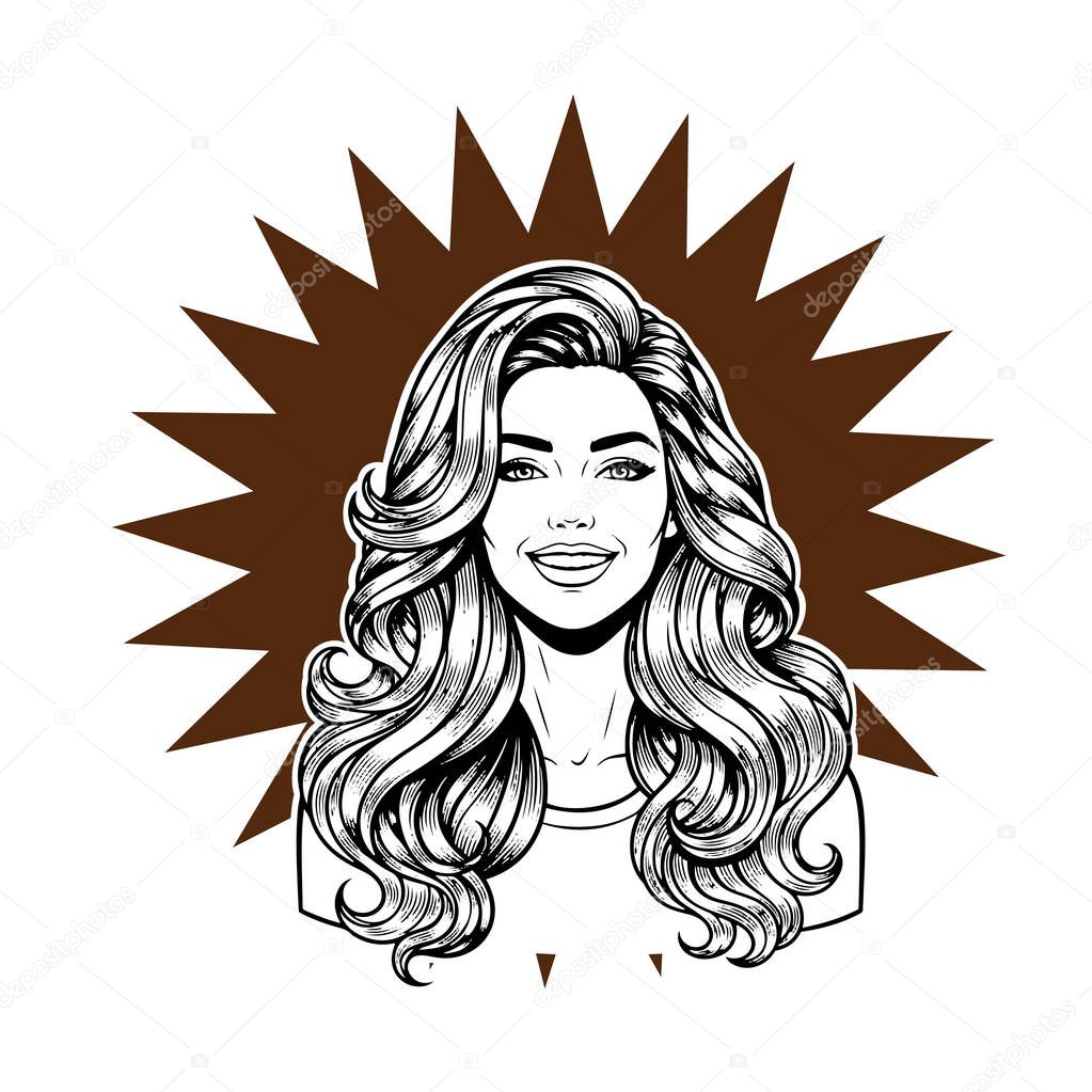 Elegant Woman with Extra Long Flowing Blonde Hair, black and white vector illustration