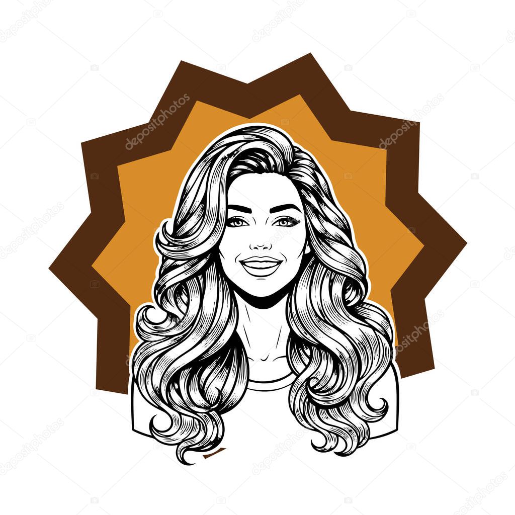 Elegant Woman with Extra Long Flowing Blonde Hair, black and white vector illustration