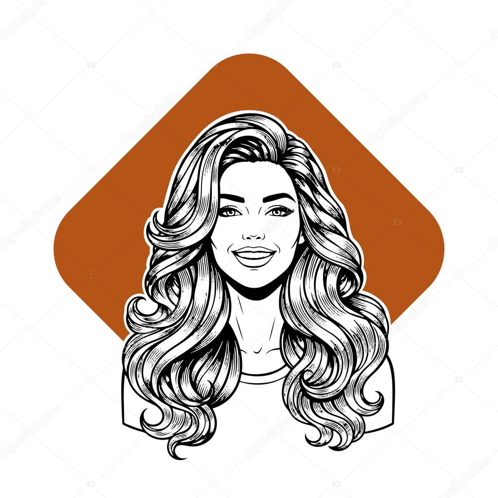 Elegant Woman with Extra Long Flowing Blonde Hair, black and white vector illustration