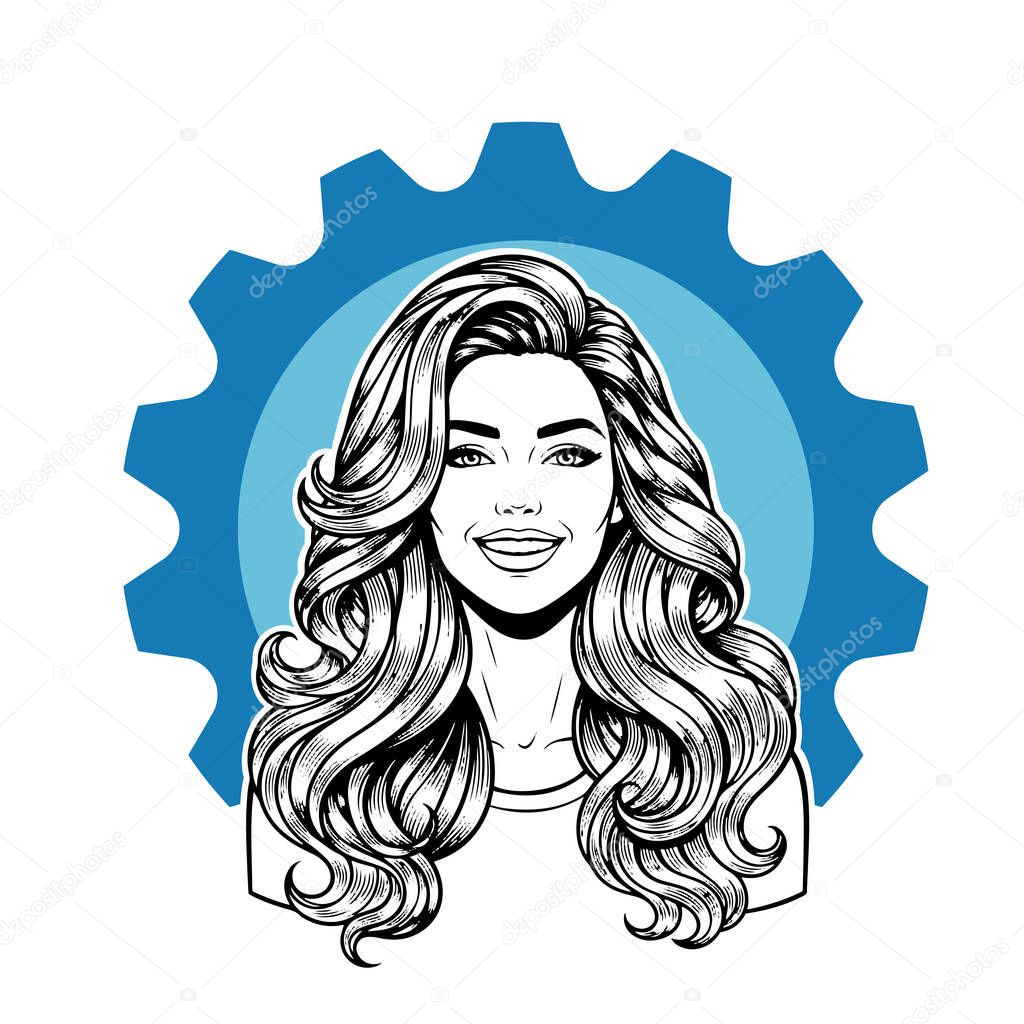 Elegant Woman with Extra Long Flowing Blonde Hair, black and white vector illustration