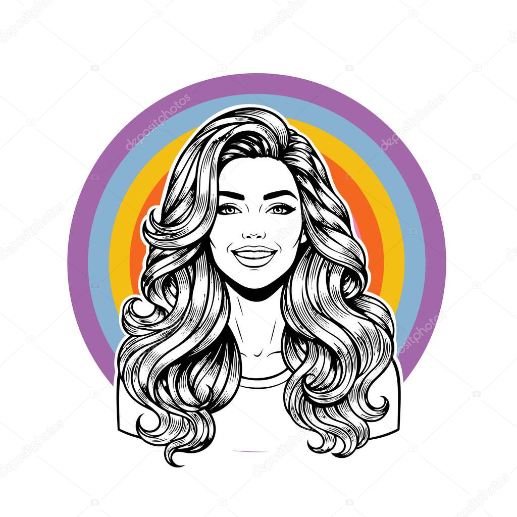 Elegant Woman with Extra Long Flowing Blonde Hair, black and white vector illustration