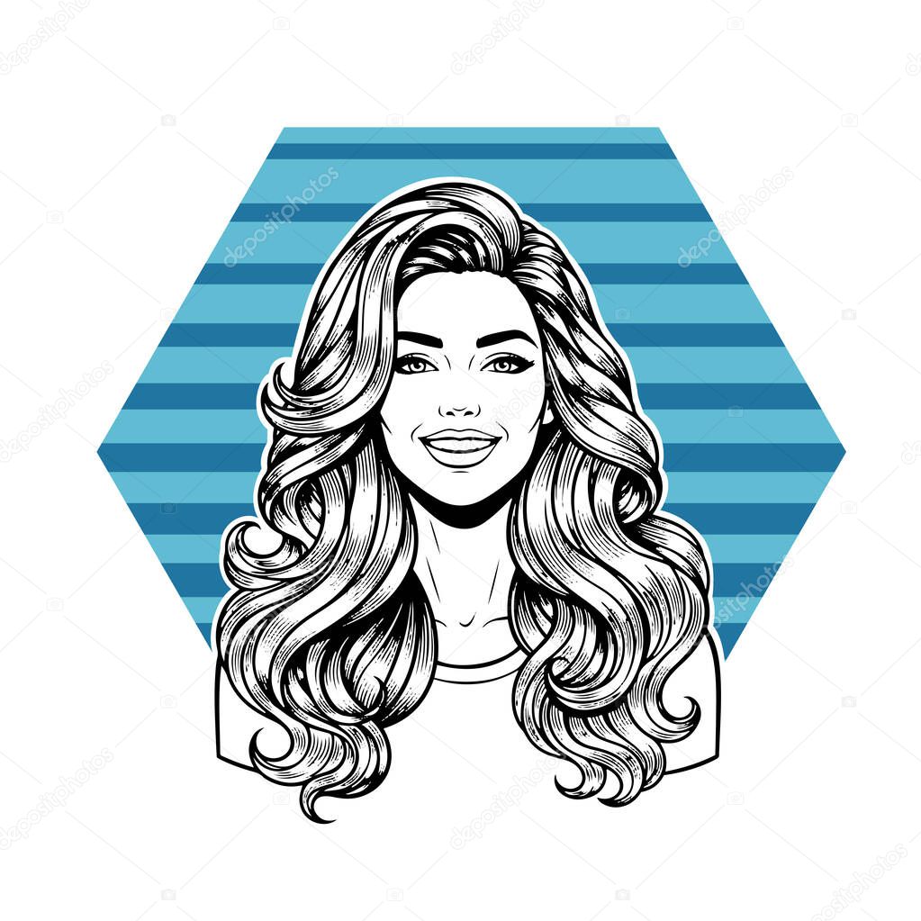 Elegant Woman with Extra Long Flowing Blonde Hair, black and white vector illustration