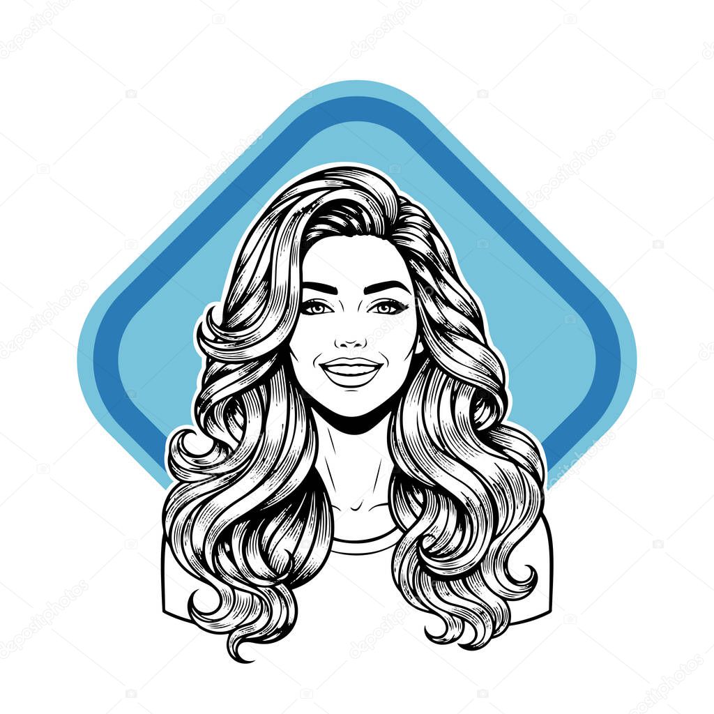 Elegant Woman with Extra Long Flowing Blonde Hair, black and white vector illustration