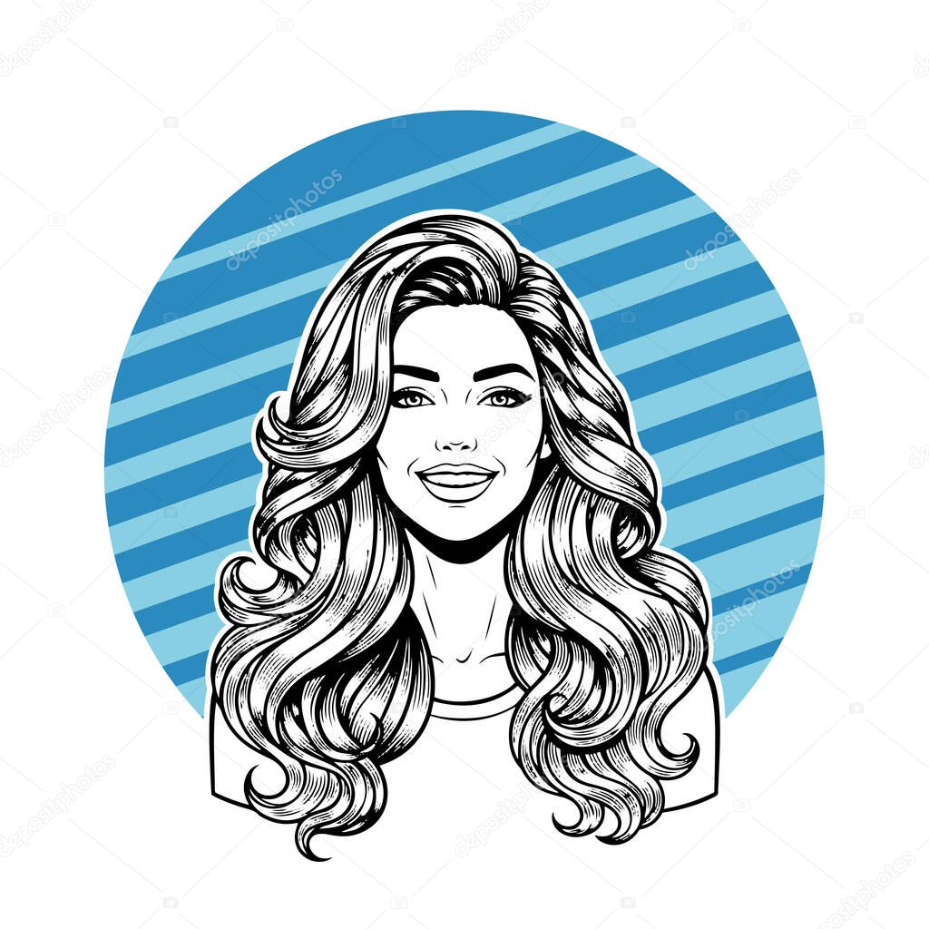 Elegant Woman with Extra Long Flowing Blonde Hair, black and white vector illustration