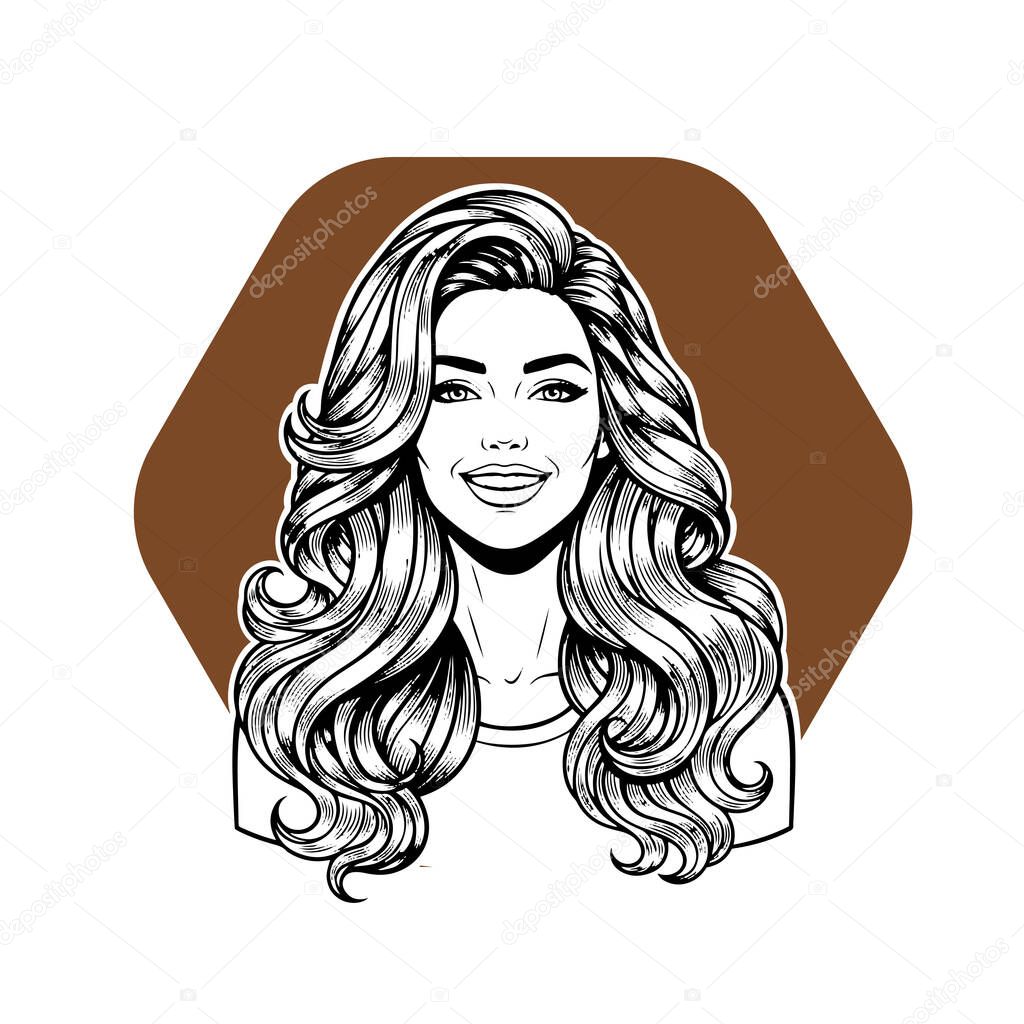 Elegant Woman with Extra Long Flowing Blonde Hair, black and white vector illustration