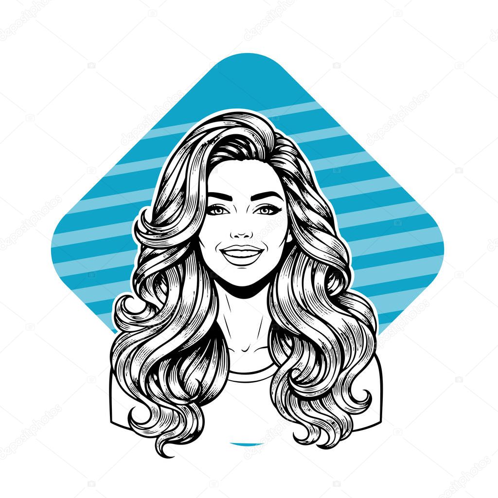 Elegant Woman with Extra Long Flowing Blonde Hair, black and white vector illustration
