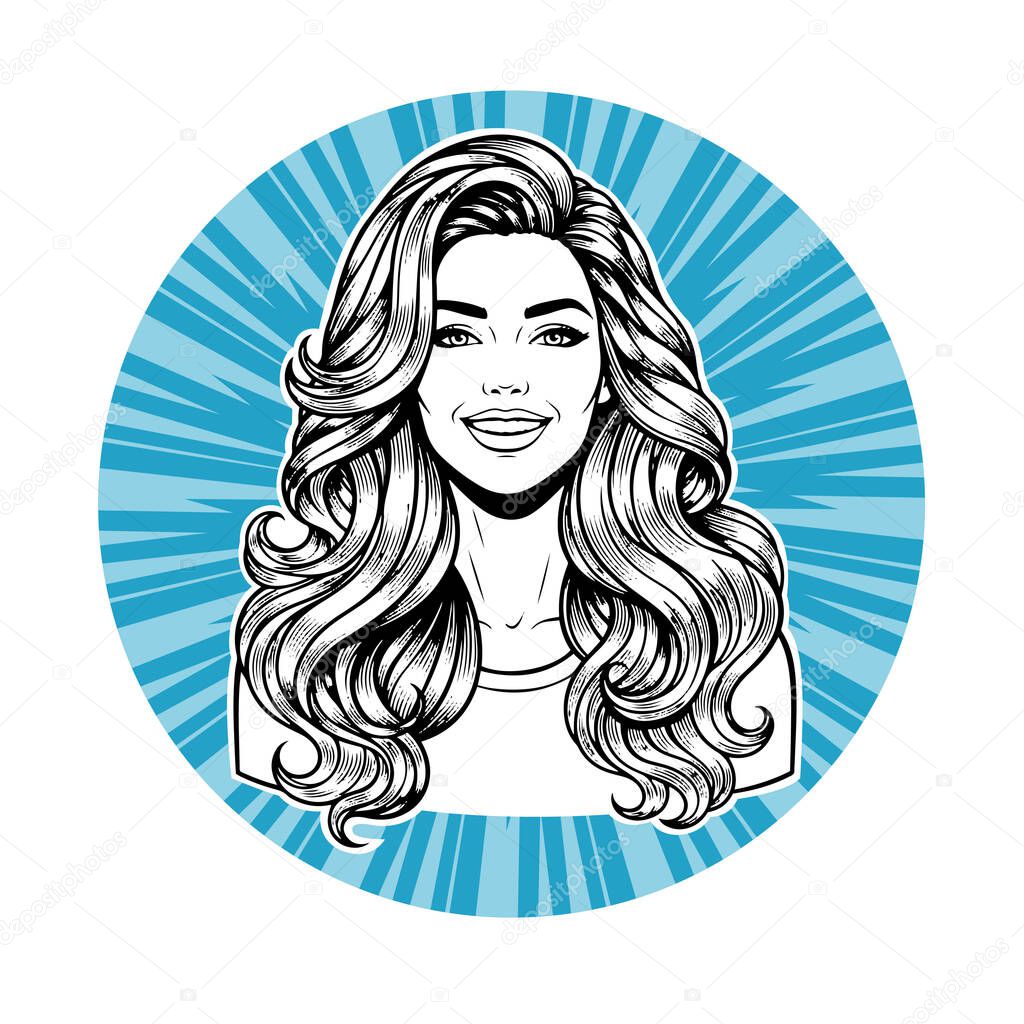 Elegant Woman with Extra Long Flowing Blonde Hair, black and white vector illustration