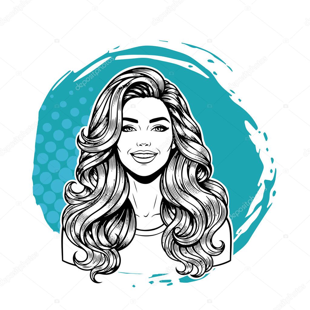 Elegant Woman with Extra Long Flowing Blonde Hair, black and white vector illustration
