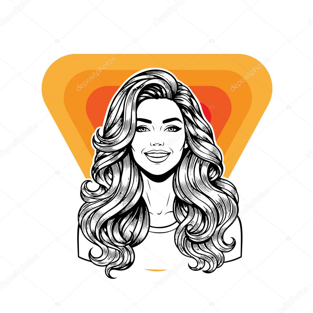 Elegant Woman with Extra Long Flowing Blonde Hair, black and white vector illustration