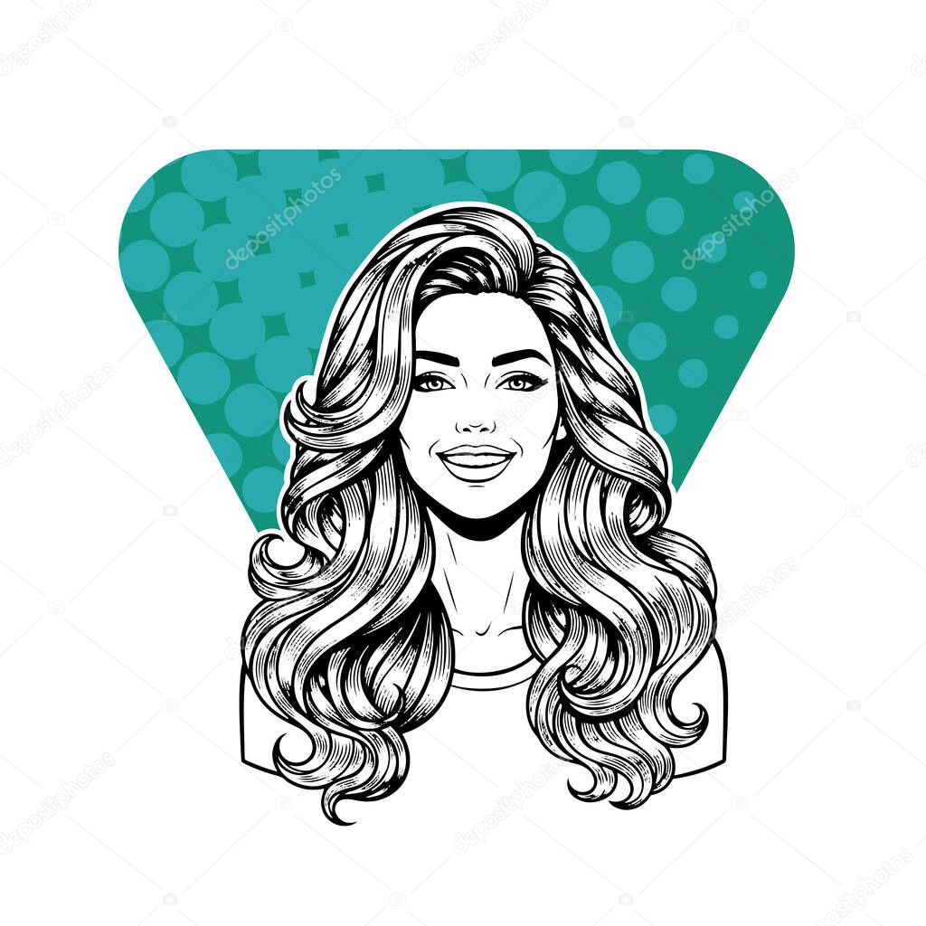 Elegant Woman with Extra Long Flowing Blonde Hair, black and white vector illustration