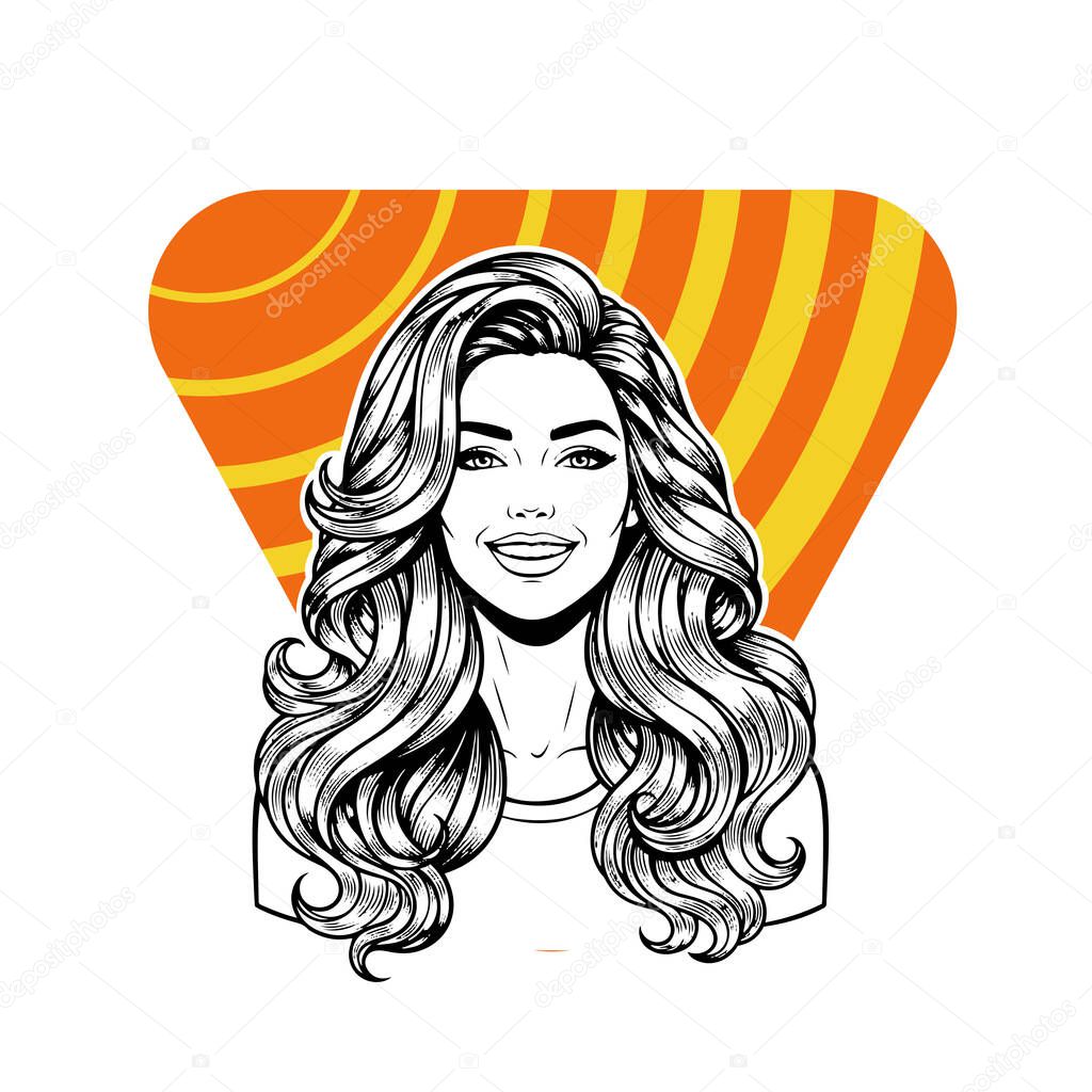 Elegant Woman with Extra Long Flowing Blonde Hair, black and white vector illustration