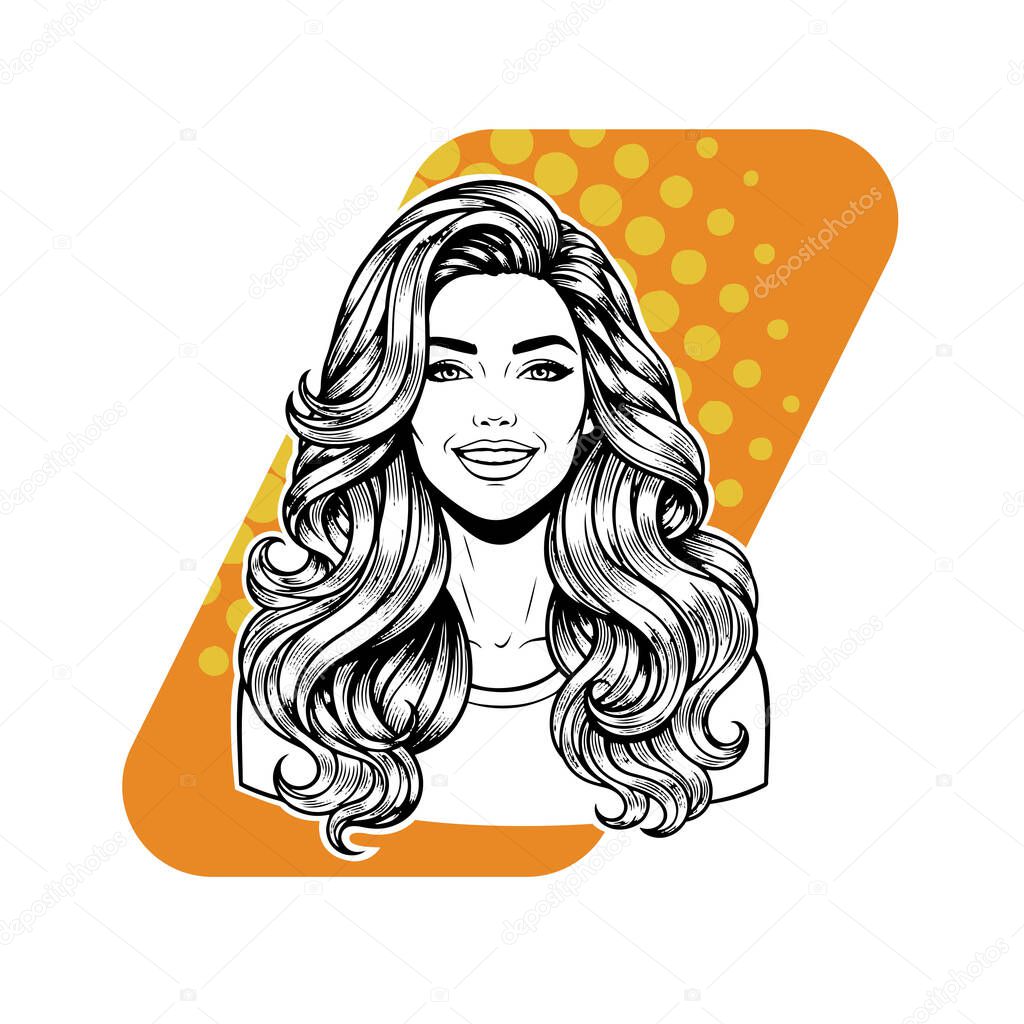 Elegant Woman with Extra Long Flowing Blonde Hair, black and white vector illustration