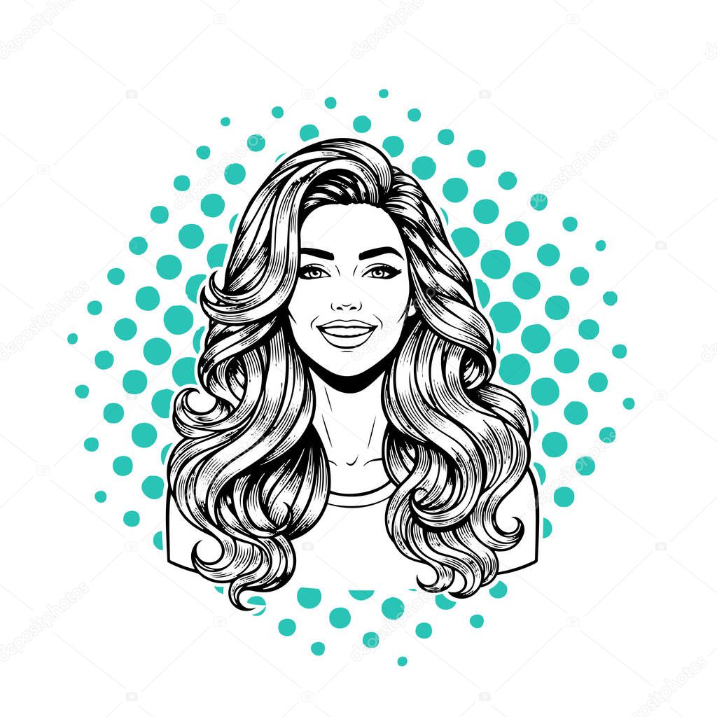 Elegant Woman with Extra Long Flowing Blonde Hair, black and white vector illustration