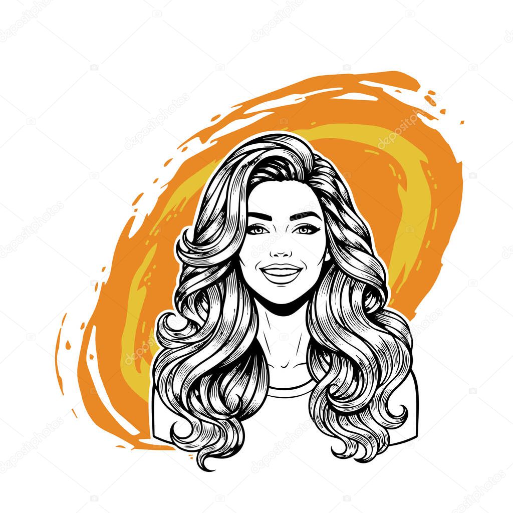 Elegant Woman with Extra Long Flowing Blonde Hair, black and white vector illustration