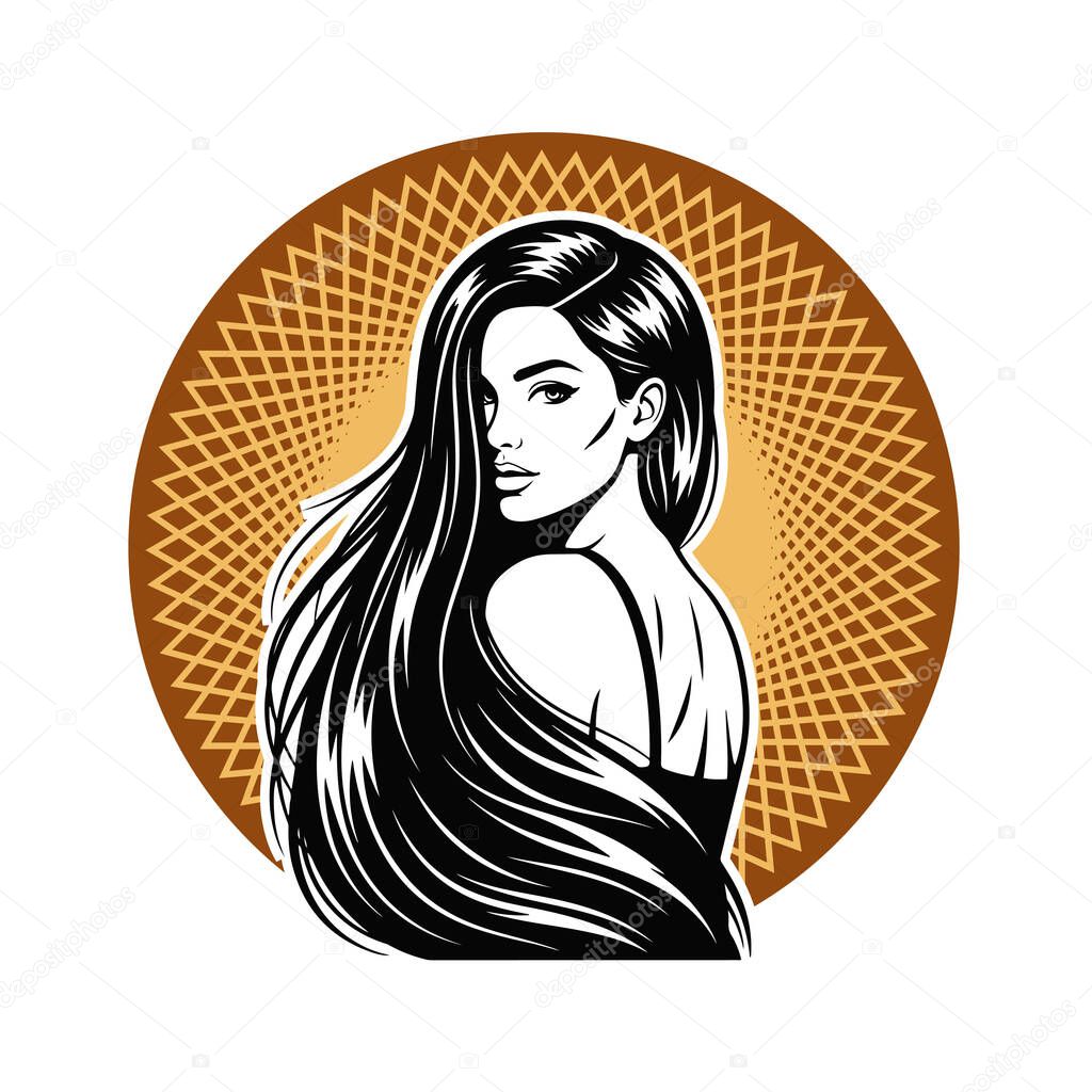 Elegant Woman with Long Flowing Hair, black and white vector illustration